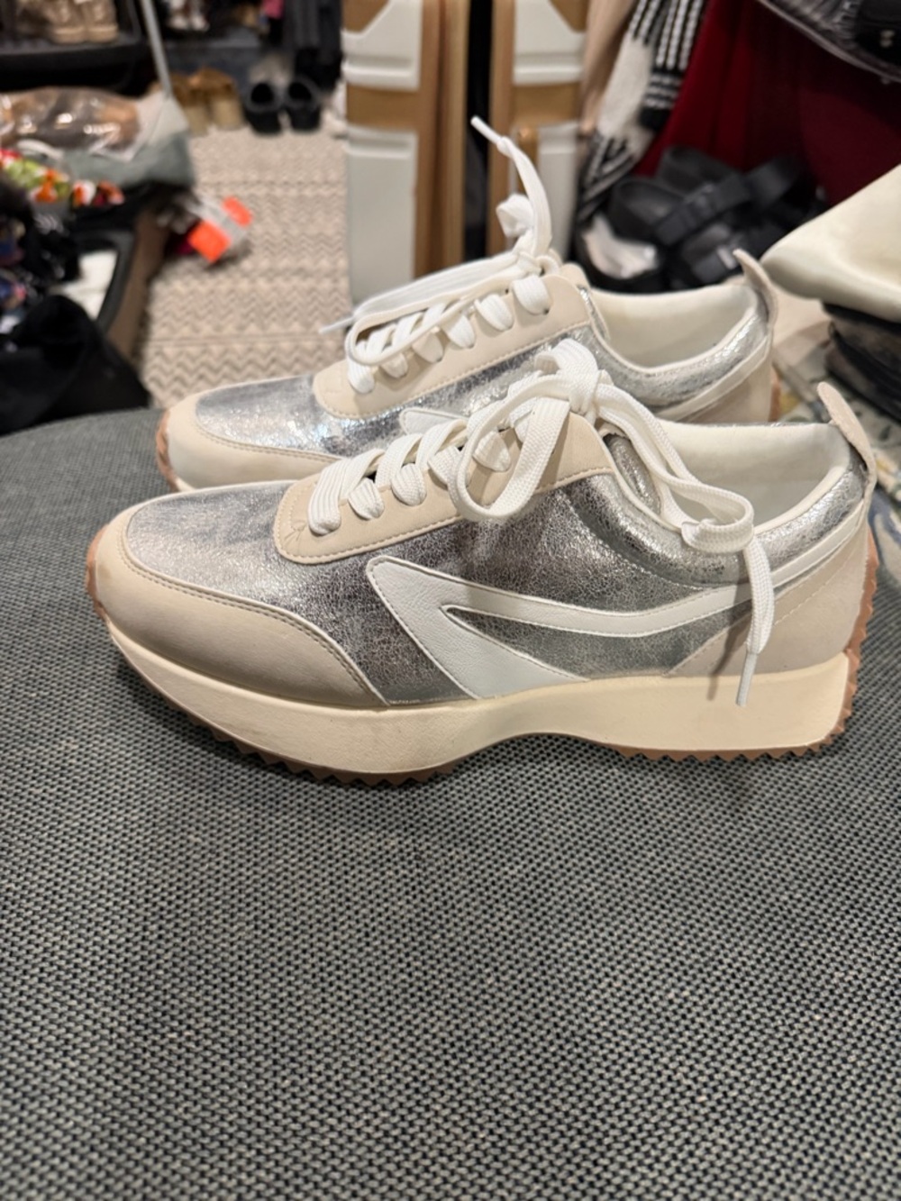 Dolce Vita Platform Lace-Up Sneakers in Silver and Cream